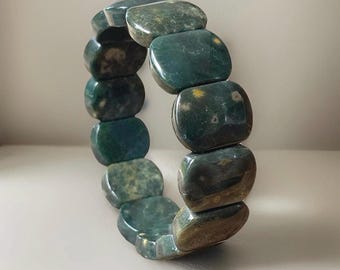 7th Vein Ocean Jasper Bangle Bracelet Big beads, Orbicular Ocean Jasper, old stock, veinless oj,  Green Flower collectors edition