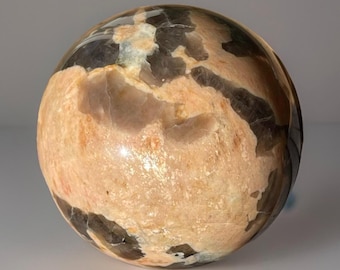 Peach Moonstone & Smoky Quartz Crystal Sphere, Flashy ZEBRADORITE Stone Orb Madagascar (57)