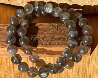 Black Moonstone Beaded Bracelet - 9mm Natural Stone Bracelet - Moonstone Crystal Layering Bracelet, Heart Chakra Gift