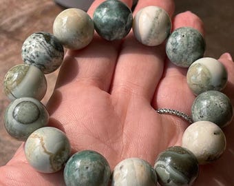 Ocean Agate XL Bead Bracelet , Orbicular Ocean Agate , Blue White Eye Agate ,  collectors edition