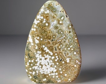 7th Vein Ocean Jasper XL Flame, Freeform with Bubbles Flowers & Green Rainbow Quartz, Druzy Ocean Orbicular Jasper, AAA Grade Unique Jasper