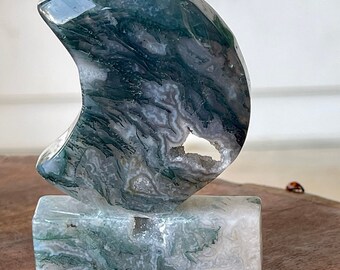 Moss Agate Moon Self Stand Crystal Carving