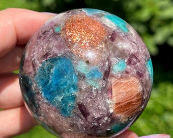 Arusha Sunstone Gem Lepidolite Blue Apatite Large Sphere with Rainbow Confetti, Rare Crystals AAA Grade Collectible Gems #71