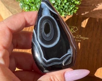 Black Agate Polished Drop - No. 79, Unique Quality Crystals, Black and White Crystal Flame