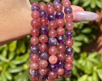 Amethyst & Strawberry Quartz Beaded Bracelet - 8mm Beads, Natural Purple Berry Pink Crystal Beads, Layering Gemstone Jewelry