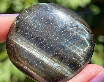 Blue Tiger Eye Cookie Flat: Chatoyant Crystal Polished Gemstone Pocket Round Stone with Stick Amphibole Inclusions