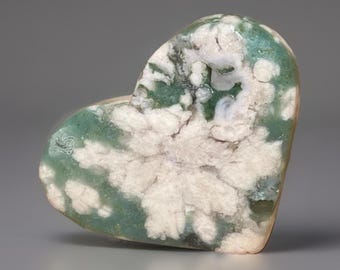 Green Flower Agate Heart - Natural Pink Flower Inclusions - Polished Stone Carving - Unique Crystal Gift