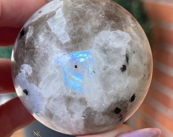 Rainbow Moonstone Sphere with Smoky Quartz Black Tourmaline - #94