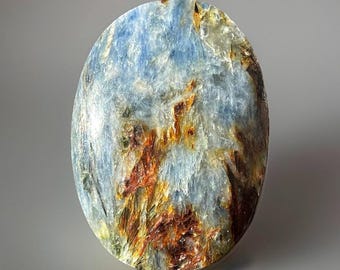 Blue Kyanite Palmstone with Quartz & Hematite Goethite Inclusions, Polished Oval Stone, Natural Metamorphic Crystal Specimen