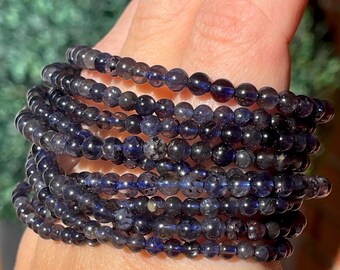 Iolite Dainty Bracelet - Stretchy 4mm or 5mm, Gemmy Blue Iolite Beaded bracelet, Collector’s edition handmade Unique Jewelry