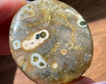 Orbicular Ocean Jasper Button Palmstone, Marovato Jasper Crystal, Collectors Unique Ocean Jasper with Quartz