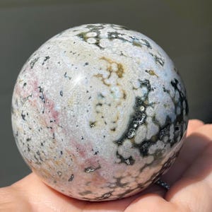 Orbicular Ocean Jasper Sphere, Natural XLarge Unique Madagascar Jasper Crystal Ball, Pink White Jasper & Green Quartz Sphere