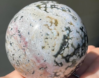 Orbicular Ocean Jasper Sphere, Natural XLarge Unique Madagascar Jasper Crystal Ball, Pink White Jasper & Green Quartz Sphere