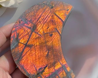 Labradorite Statement Moon with Amazing Sunset Orange Pink Flash
