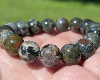 Veinless Ocean Jasper Bracelet with large beads . Orbicular Ocean Jasper, old stock, Blue Green Ocean Jasper, collectors edition