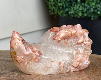 Pink Amethyst Flower Agate Big Dragon Head Carving, HQ Hand carved Crystal gift, #1