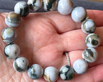 8th Vein Ocean Jasper Round Sphere Beaded Bracelet, Orbicular Ocean Jasper old stock collectors edition Colorful 14mm beads, #11