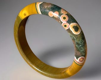 KABAMBY Ocean Jasper Bangle Bracelet with Pink Yellow Orbs, Orbicular Ocean Jasper old stock collectors edition jewelry, #22