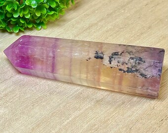 Dendritic Pink & Yellow Pastel Fluorite Obelisk, Natural Polished Crystal Tower, Unique Crystal Point