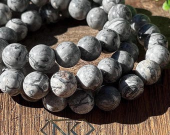 Picasso Jasper Bracelet 8mm Beads - Root & Crown Chakra - No. 212, Black Grey White Beaded Stacking Jewelry