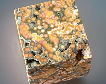 Orbicular Ocean Jasper Cube Crystal, Natural Unique Madagascar Pink & Orange Orb Jasper  ( 499 )