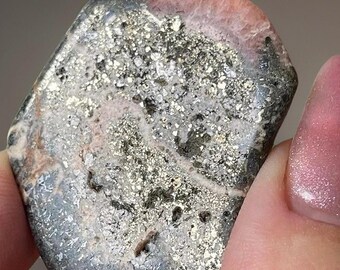 Rhodochrosite Slice from Argentina , Heart Chakra Stone, Pyrite in Rhodochrosite Flat