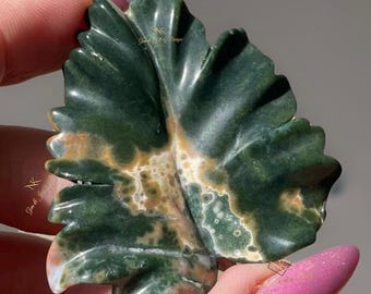 Orbicular Ocean Jasper Handcarved Leaf , Madagascar Jasper Plant Carving, Green & Pink Bubble Jasper