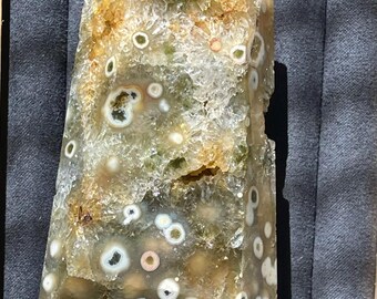 Orbicular Ocean Jasper Crystal Freeform, Marovato Bubble Jasper with Quartz Flowers, Collectors Floral Ocean Jasper