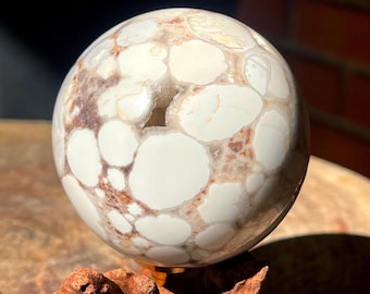 Spotted Agate Sphere: Orbicular Agate Crystal Ball with Quartz, White Eye Agate
