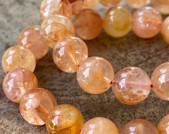 Pink Fire Golden Healer Bracelet, Fire Quartz beads 11 mm, Crystal Beaded bracelets