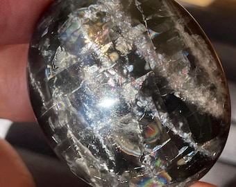 Black Moonstone Palmstone, Moonstone Oval Medallion, Natural Rainbow Filled Unique Flashy Crystal, Moody Moonstone with a Flash (498)