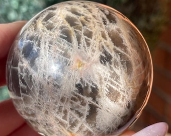 Black Moonstone Large Sphere, Flashy Moonstone Crystal Ball with Rainbow Flash Confetti (497)