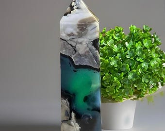 Volcano Agate Tower, Natural UV Polished Crystal Tower, Unique Crystal Point