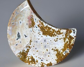 8th Vein Ocean Jasper Statement Moon with Druzy on Golden Stand - #88 • Pink & Cream Color Bubble Jasper Crescent Moon