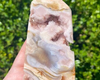Pink Amethyst Flower Agate Tower with Druzy