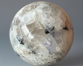 Rainbow Moonstone Sphere with Black & GREEN Tourmaline, Blue Flash HQ Crystal Ball, Natural Unique Moonstone, Polished Stone for Your Home