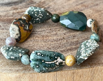 Veinless Ocean Jasper Bracelet with Big Faceted Freeform beads, Orbicular Ocean Jasper collectors edition
