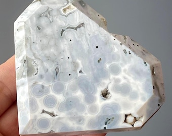 8th Vein Blue Ocean Jasper XL Heart, Collectors Madagascar Ocean Jasper Self standing Faceted Carving (54)