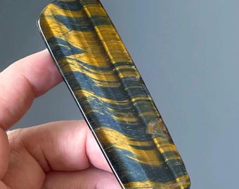 Blue and Yellow Tiger Eye Long Flat: Chatoyant Crystal Polished Gemstone Pocket Stone