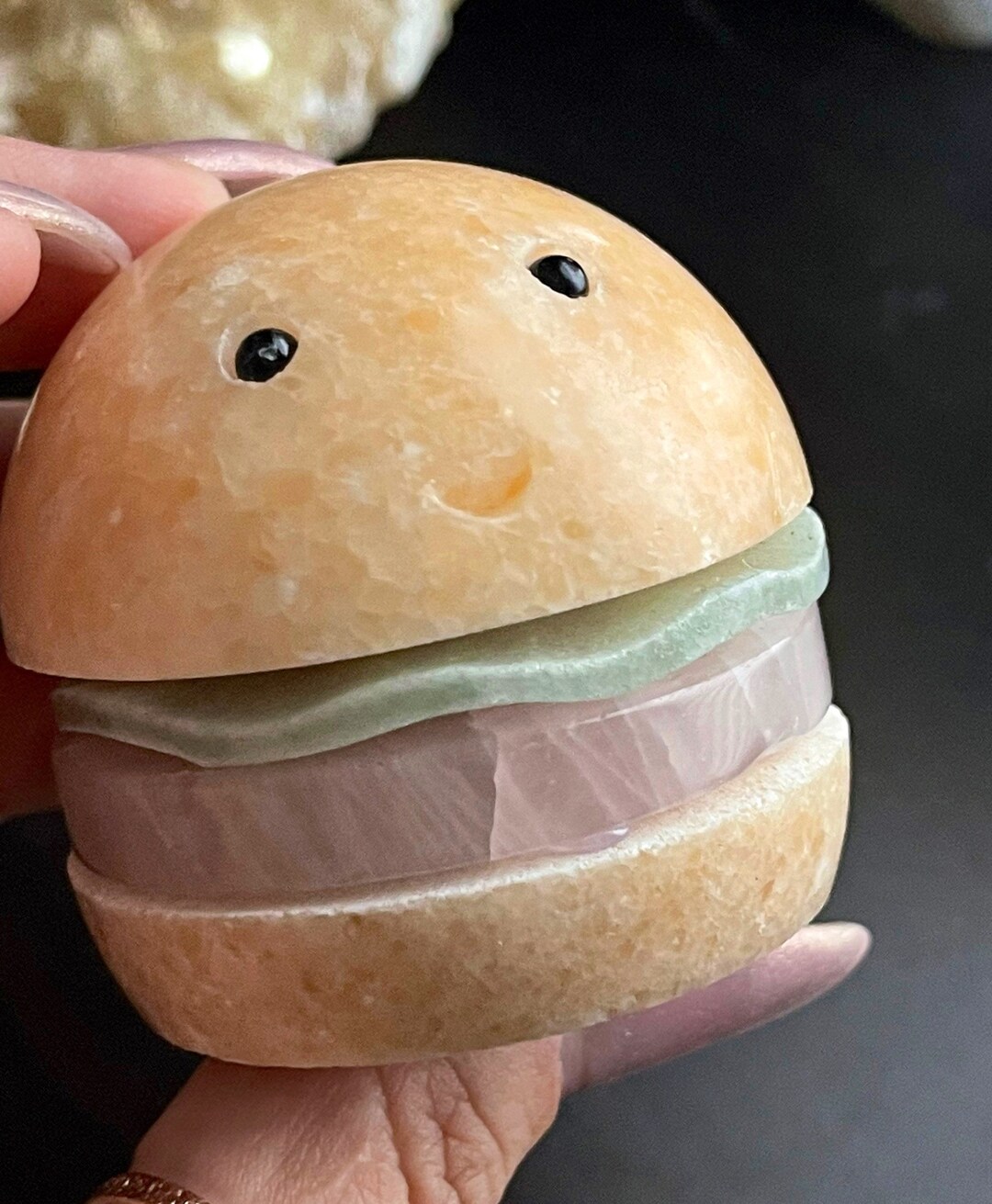 Crystal Hamburger Carvings , Calcite, Rose Quartz , Green Aventurine