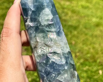 Blue Fluorite Tower with Druzy | Green, Blue XL Fluorite Point with Rainbows | AAA Crystals, Home decor