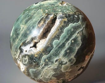Orbicular Ocean Jasper Sphere with Black Marion quartz & Sugar Druzy • 7th Vein Green Ocean Jasper • Collector’s Black Flower Ocean Jasper