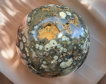 Orbicular Ocean Jasper Sphere with Black Marion quartz & Druzy Heart Cave, 7th Vein Green Ocean Jasper, Collector’s Black Flower Jasper