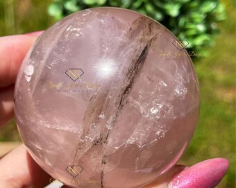 Star Rose Quartz XL Sphere with Dendritic inclusions and Rainbow, Madagascar Rose Quartz , HQ Crystals