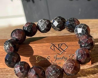 Garnet Bracelet - Stretch 15mm faceted beads, Rare Gemstone Beads, Unique Handmade Jewelry