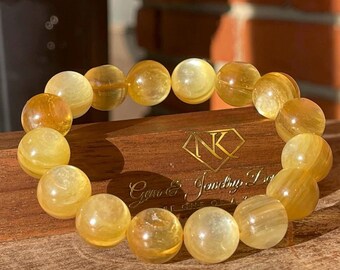 Gem Lepidolite Bracelet - Stretchy 13mm beads, Golden Yellow Lepidolite Gemstone, Collector’s edition Unique Handmade Jewelry