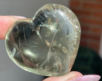 Prasiolite Heart with Rainbows, Green Quartz Carved Heart