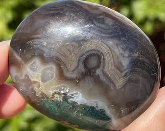 Chocolate Agate & Scenic Moss Agate Crystal Palmstone, Unique Abstract Polished Rock (426)