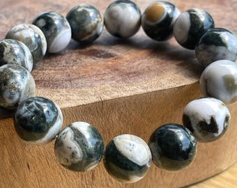 Madagascar Vein Ocean Jasper Bracelet 14mm large bead, Orbicular Ocean Jasper, old stock - collectors edition jewelry