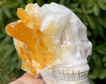 Tangerine Quartz Statement Crystal Skull - #488, Natural Orange & White Quartz Unique Abstract Handcarved Crystal